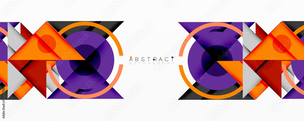 Poster abstract geometric composition with intersecting triangles, circles, and gradients, creating a dynam