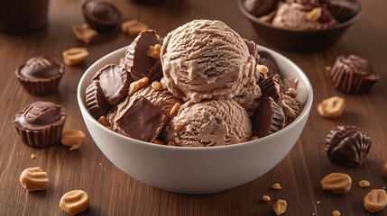 A bowl of chocolate peanut butter cup ice cream placed on wooden table with scattered peanut butter cups