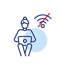 Woman working on laptop and no wi-fi symbol. Going offline, communication broken, internet outage. Pixel perfect, editable stroke vector icon