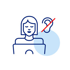 Woman working at laptop online and ear crossed. Silent quiet mode, noise free focus mode. Hearing-impaired people accessibility. Pixel perfect, editable stroke vector icon