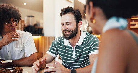 Talking, coffee and group of people in cafe for drinking, bonding or social gathering. Happy, latte and friends enjoying cappuccino in morning together for conversation and connection in restaurant