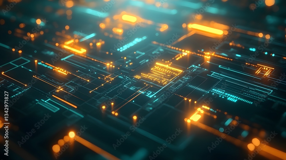 Poster a futuristic digital circuit board displays glowing illuminated pathways and nodes