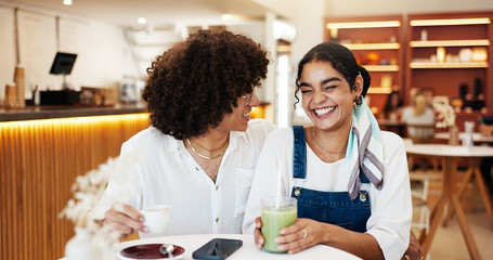 Happy, laughing and couple in coffee shop on date for bonding, relationship and relax. Restaurant,...