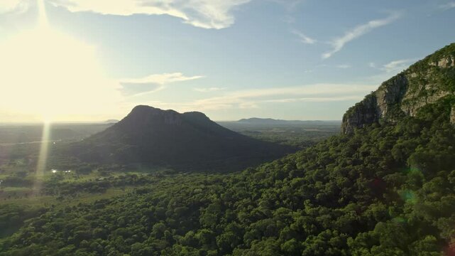 Aerial view of the scenic Cerro Santo Tomas peak in Cerro Santo Tomas State Park at sunset, Paraguay