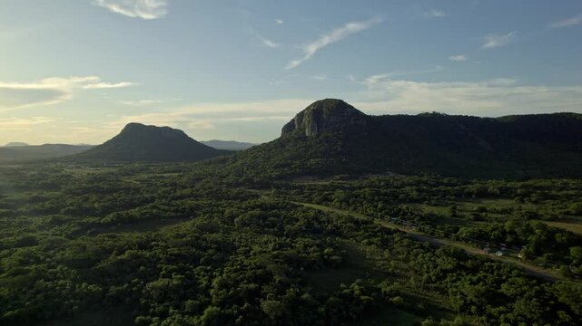 Aerial view of the scenic Cerro Santo Tomas peak in Cerro Santo Tomas State Park at sunset, Paraguay