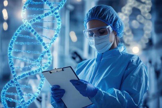 Scientist in Protective Gear Analyzing Data in Laboratory Environment