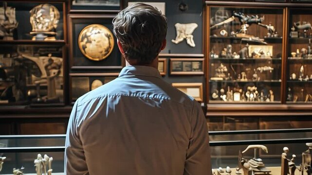 Awe in the Museum: A man stands captivated, observing a collection of relics and artifacts in a museum exhibit.