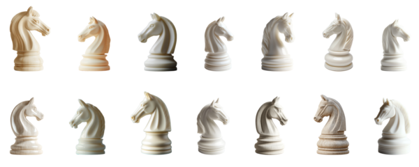 Chess pieces, white knight figures, multiple angles, isolated on transparent background, porcelain texture, detailed sculpting, strategic game pieces, artistic chess set, high contrast lighting
