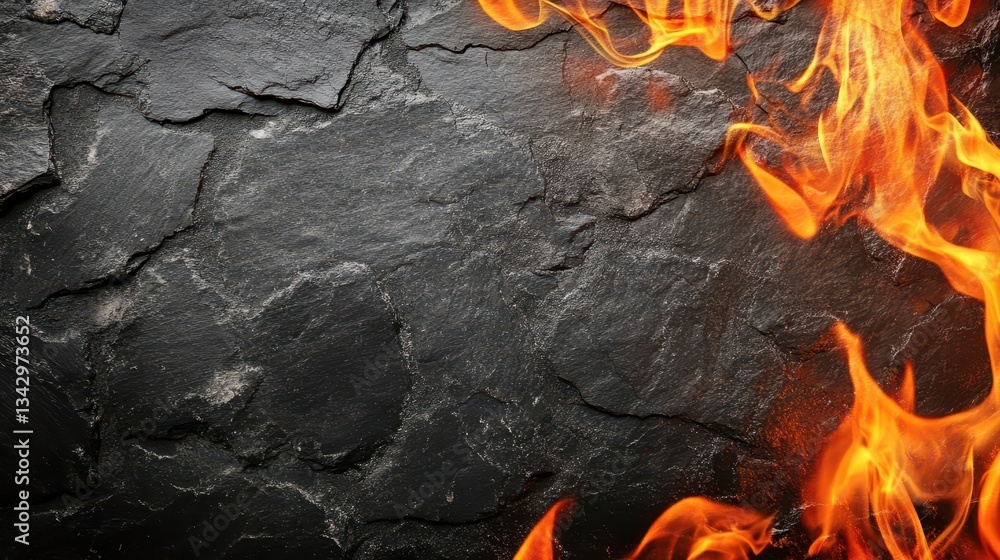 Poster black slate background with fire flames on right border of the image. this striking image provides a