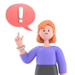 3D illustration of European businesswoman Ellen with exclamation mark in speech bubble.Transparent Background Mockup. Supports PNG files with transparent backgrounds.