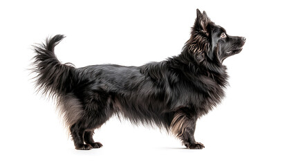 Fototapeta premium standing black long haired dog with fluffy tail and alert expression, showcasing its elegant posture and unique features