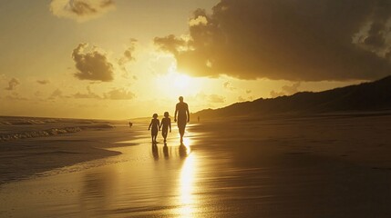 Fototapeta premium Family silhouette sunset beach walk