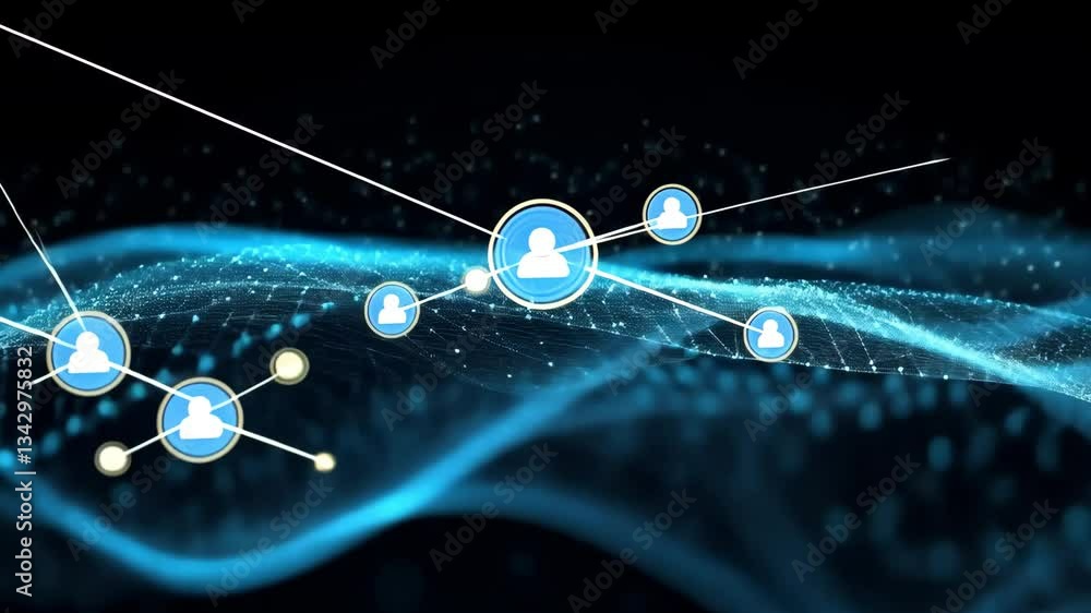 Poster person icon over a digital network with blue glowing dots and lines on a dark background image