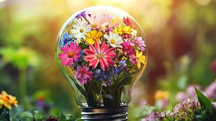 Colorful flowers arranged in light bulb create a vibrant and creative floral display in nature - Powered by Adobe