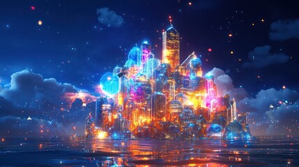 Obraz premium Futuristic city island at night, glowing, reflecting in water, use for futuristic concept