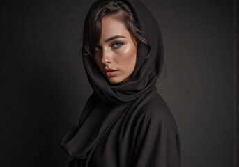 Mysterious woman in a black hooded outfit, gazing intensely with elegance and sophistication.