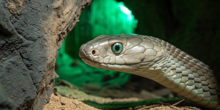 Close encounter with a snake partially emerging from its burrow in a dimly lit natural habitat
