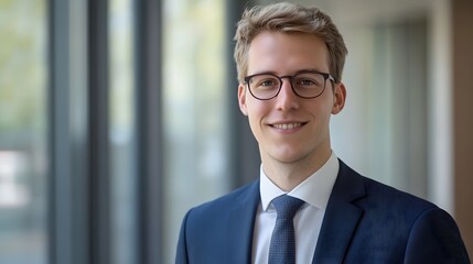 Fototapeta premium A smiling businessman in a suit and glasses stands in an office long title A young confident looking man in a blue suit and glasses stands in an