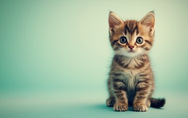 Obraz premium Cute tabby kitten sitting calmly against a soft teal background in a bright indoor setting
