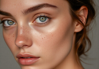 Fototapeta premium A stunning close-up portrait of a woman with striking blue-green eyes, freckles, and glowing skin.