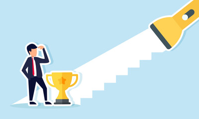 A businessman and a trophy are at the base of stairs formed by flashlight beams, illustration of guidelines for improving performance with branding as a leading company