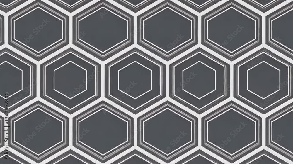 Poster repeating gray background pattern of hexagons with white borders and geometric line accents design 1