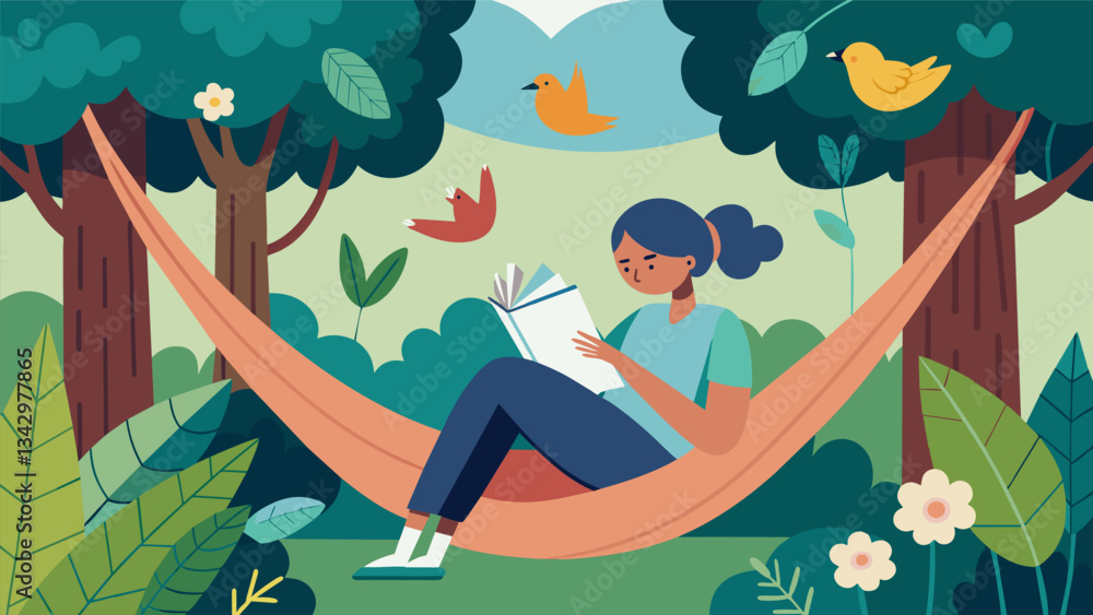 Poster a person writing in a journal while relaxing in a hammock surrounded by trees and birdsong.. vector 