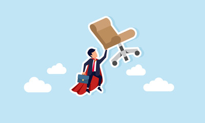 Super businessman lifts an office chair through the sky, illustration of the ability to enhance work effectiveness