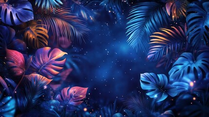 Enchanted Tropical Night: A Glowing Symphony of Neon Leaves