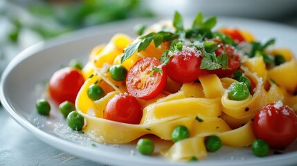 A symphony of flavors and colors, a vibrant plate of pasta primavera, adorned with cherry tomatoes, asparagus spears, peas, and delicate ribbons of pasta, a testament to the artistry of Italian