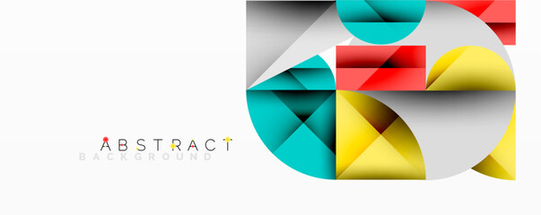 Abstract geometric artwork with overlapping circles and gradients, circle square triangle shapes background featuring sharp angular cuts, smooth shading, and structured layered composition