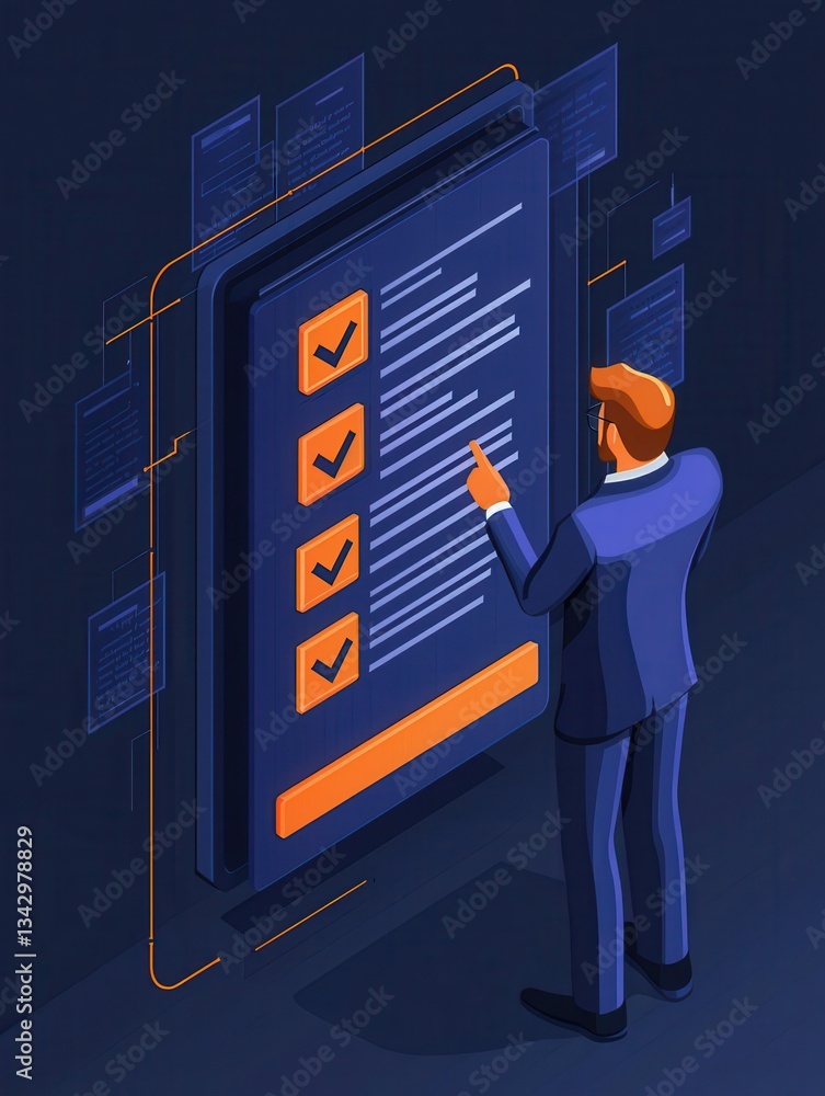 Poster a man in a suit interacts with a digital checklist, highlighting tasks or items in a futuristic, tec