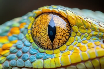 Fototapeta premium Close-up photo of a colorful snake eye with yellow and blue scales. Use it for illustrating wildlife, reptiles, or unique animal features.