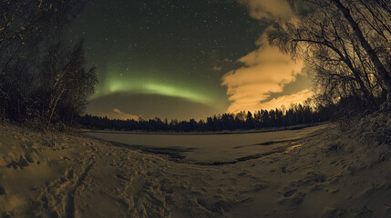 Obraz premium Stunning winter night landscape with aurora borealis and frozen lake sky snow cold dark cold stars