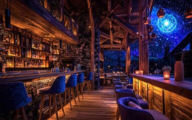 Fototapeta premium Elegant indoor bar featuring stunning decor and cosmic ceiling in a serene mountain setting during evening hours