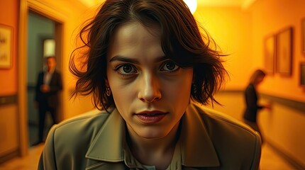 A woman is focused and engaged in a conversation surrounded by a warm inviting ambiance. Others can be seen in the background deep in discussion