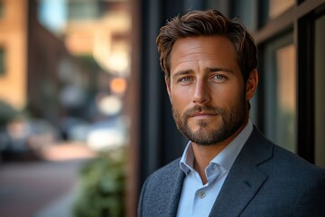 Fototapeta premium Confident businessman portrait, city street background, headshot