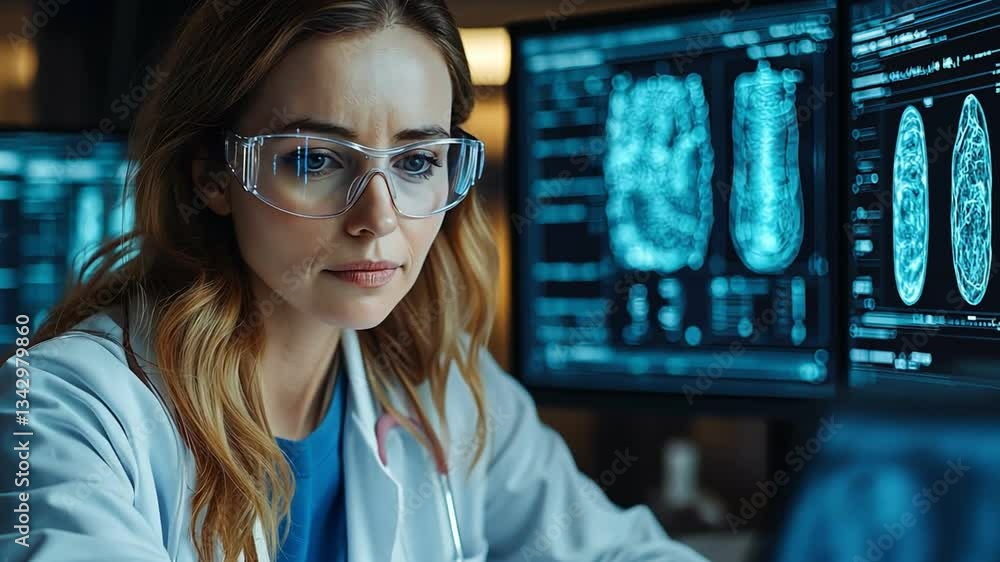 Poster focused scientist modern laboratory utilizing advanced technology for data analysis computer screens