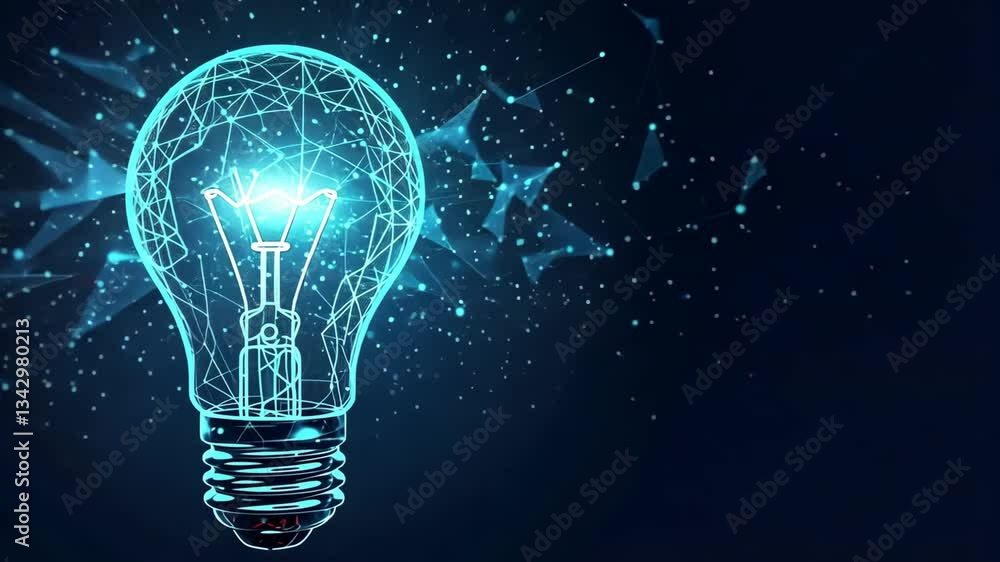 Poster A glowing lightbulb with a wireframe design on a dark blue background with connecting lines and dots