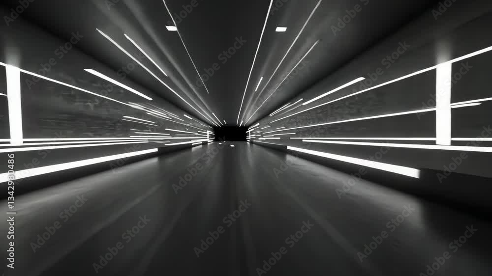 Poster illuminated tunnel with converging perspective and horizontal light lines on the walls and ceiling