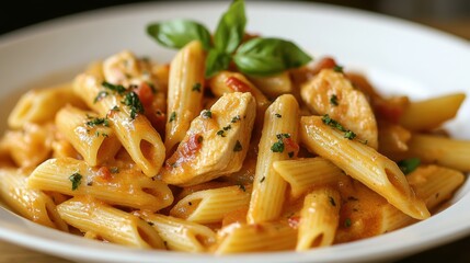 A symphony of flavors unfolds on a white plate: penne pasta, adorned with tender chicken, bathed in a creamy tomato sauce, ready for a culinary adventure.