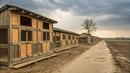 Abandoned Row of Weathered Wooden Chicken Coops in Desolate Rural Landscape