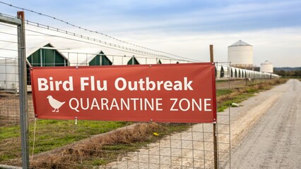 Obraz premium Bold Red Warning Banner Signifying Bird Flu Outbreak Quarantine Zone in Rural Farm Environment