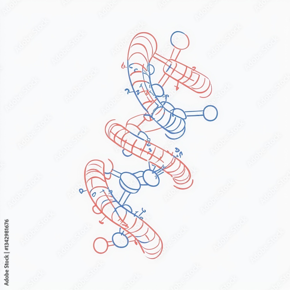 Poster abstract illustration of intertwined molecular structures in red and blue, representing complex scie