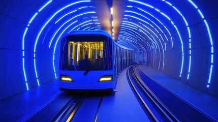 Fototapeta premium Futuristic train enters blue-lit tunnel