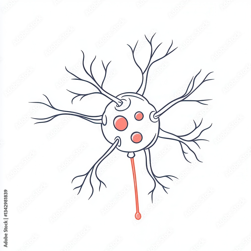 Poster a stylized illustration of a neuron, featuring a cell body with branching dendrites and axon, symbol