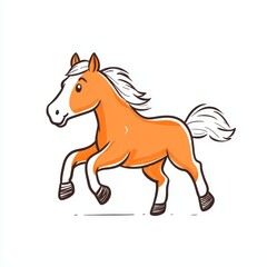 A playful illustration of an orange horse running, featuring a white mane and hooves, exuding a sense of energy and joy.