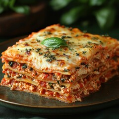 Delicious cheesy lasagna served on plate, close-up shot