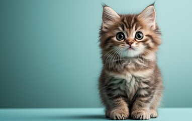 Obraz premium Adorable fluffy kitten sitting on a blue surface, looking curiously at the camera in soft lighting