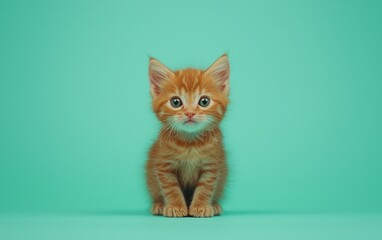 Obraz premium Orange kitten sitting on a vibrant turquoise background showcasing curiosity and playfulness